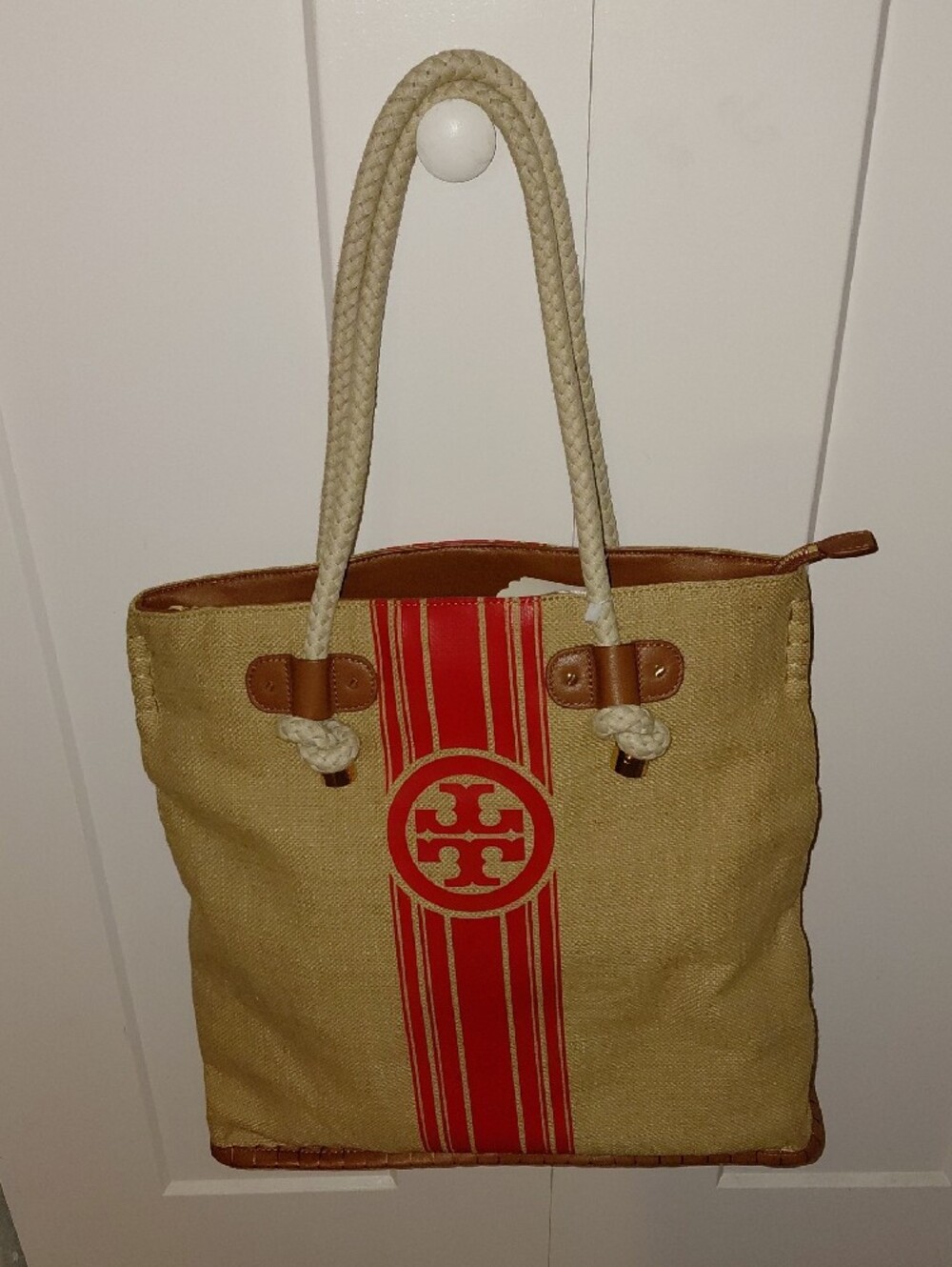 (Rare)Tory Burch Beige Canvas Tote with Red Stripe and Logo
